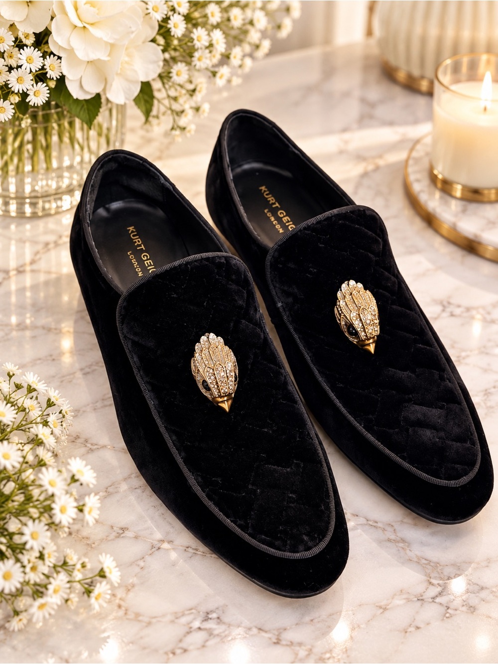 Kurt Geiger Black Velvet Loafers with Gold Crest Detail
